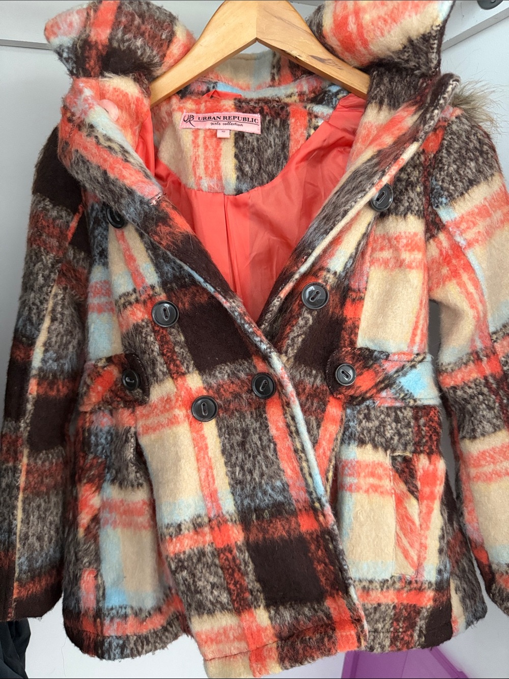 Urban Republic Orange, Brown & Cream Plaid Double-Breasted Pea Coat